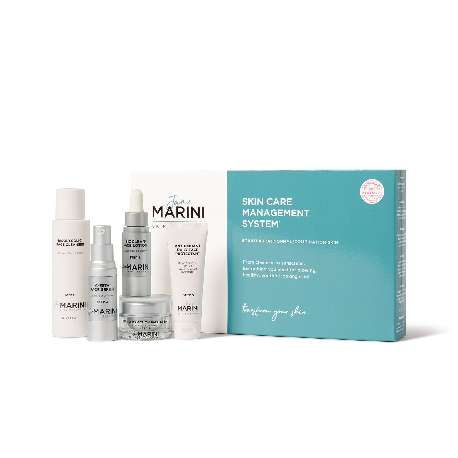 A collection of skin care products by MARINI, including cleanser, serums, lotions, face cream, and sunscreen, displayed in front of a teal box with the brand's logo.